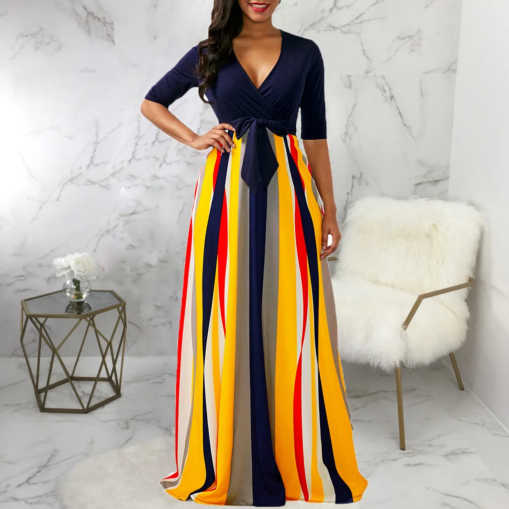 

Fashion Multicolor Striped Robe Sexy Deep V-neck Low-cut Half Sleeve High Waist Bow Maxi Dresses High Street Club Party Dresses