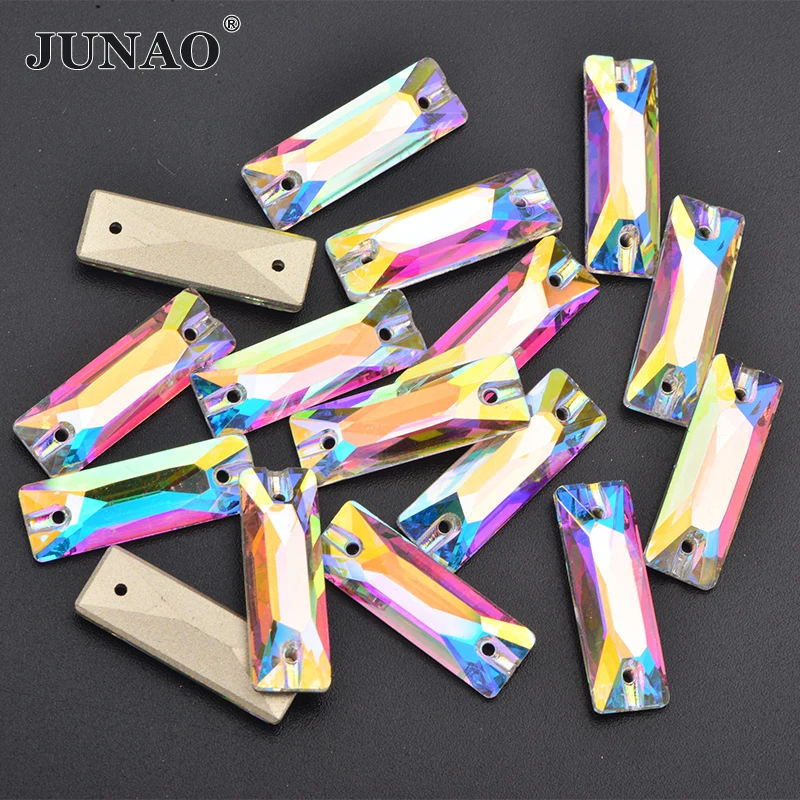 

JUNAO Shiny 6*18mm 7*21mm Crystal AB Flatback Rhinestones Sew On Rectangle Strass Stones K9 Glass Sewing Beads For Needlework