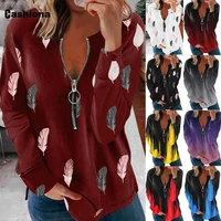 women elegant fashion zipper t shirt model feather print tops 2021 autumn long sleeve bohemian tees clothing plus size s 5xl