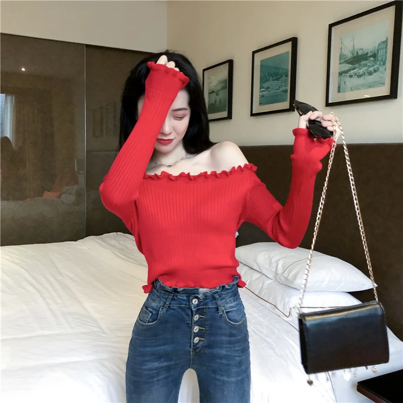 Новые Модные женские сексуальные топы с открытыми плечами и длинным рукавом