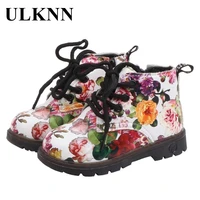 ulknn flower white fashion kids leather martin boots for children 2021 girls round toe soft rubber sole lace up flat ankle boots