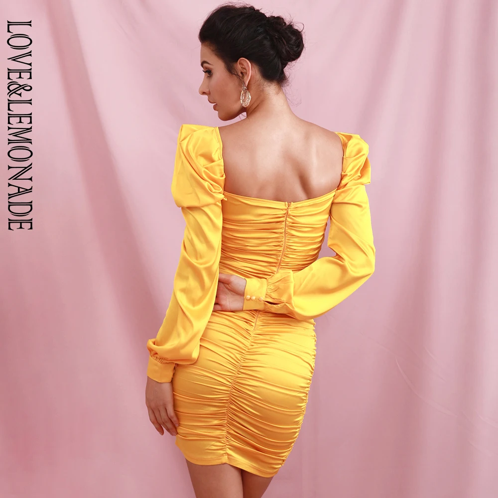 

LOVE&LEMONADE Sexy Yellow Cut Out Puff Sleeve Slim Fit Pleated Micro-Elastic Reflective Party Mini Long Sleeve Dress LM81956