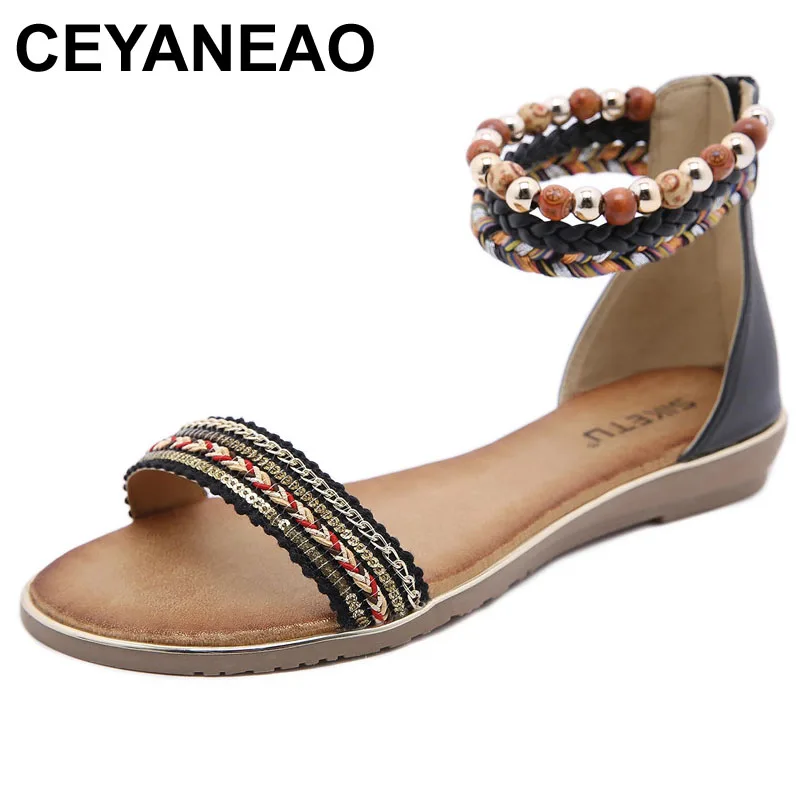 

CEYANEAO 2021 New Roman Sandals Bohemian Beaded Ethnic Style Phnom Penh Large Size Wedge High Heel Flats