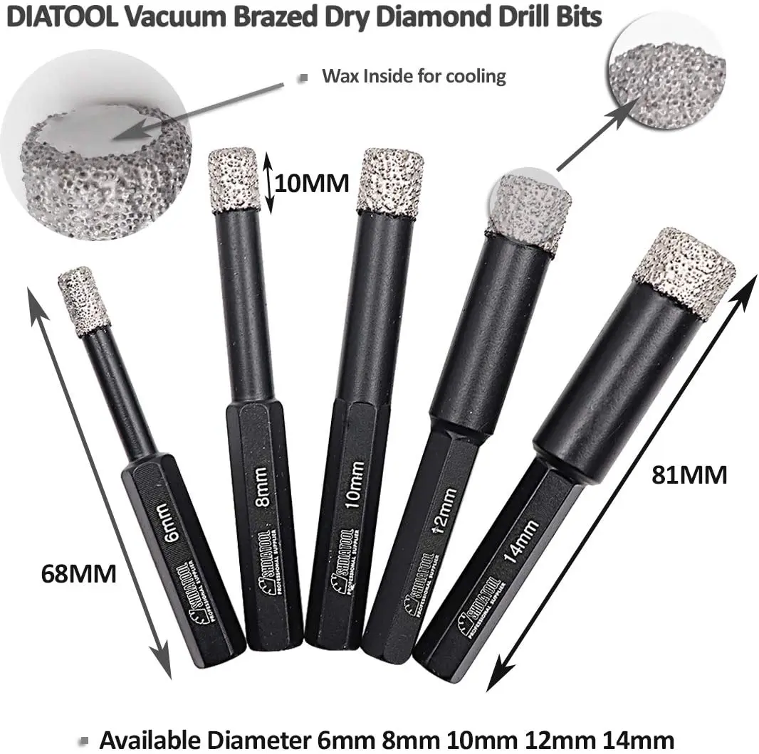 

Набор паяных алмазных сверл с шестигранным хвостовиком, керамическая плитка дюйма, диаметр 6 мм, 8 мм, 10 мм, 12 мм, 14 мм, 5 шт.