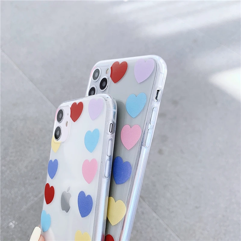 

Cute Multicolor Heart Heart Shape Phone Cases For iPhone 12 Mini 11 Pro XS MAX XR X 8 7 Plus SE 2020 Clear Soft TPU Back Cover