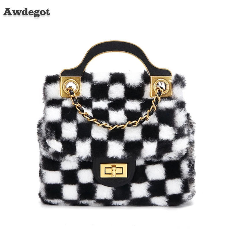 

18cm Mini Faux Fur Top Handle Bags for Women Black and White Square Plaided Warm Soft Plush Handbag Winter Small Hand Purse Tote