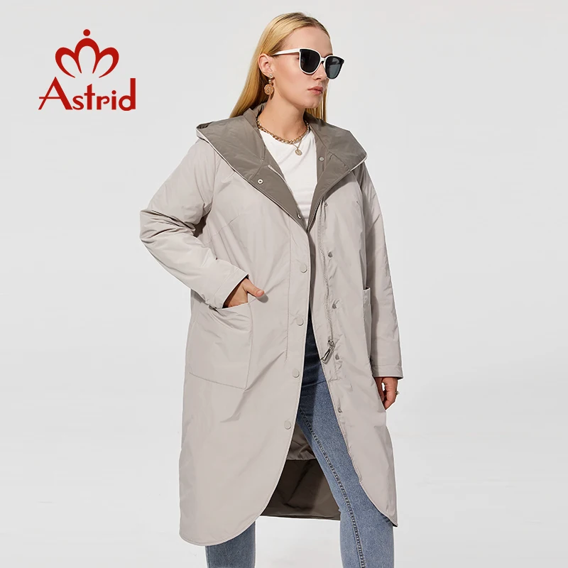 Astrid 2022 Spring Women's Parkas Plus Size Thin Cotton Elegant Long Jackets Female Coats with Hooded Big Pockets Belt Outerwear