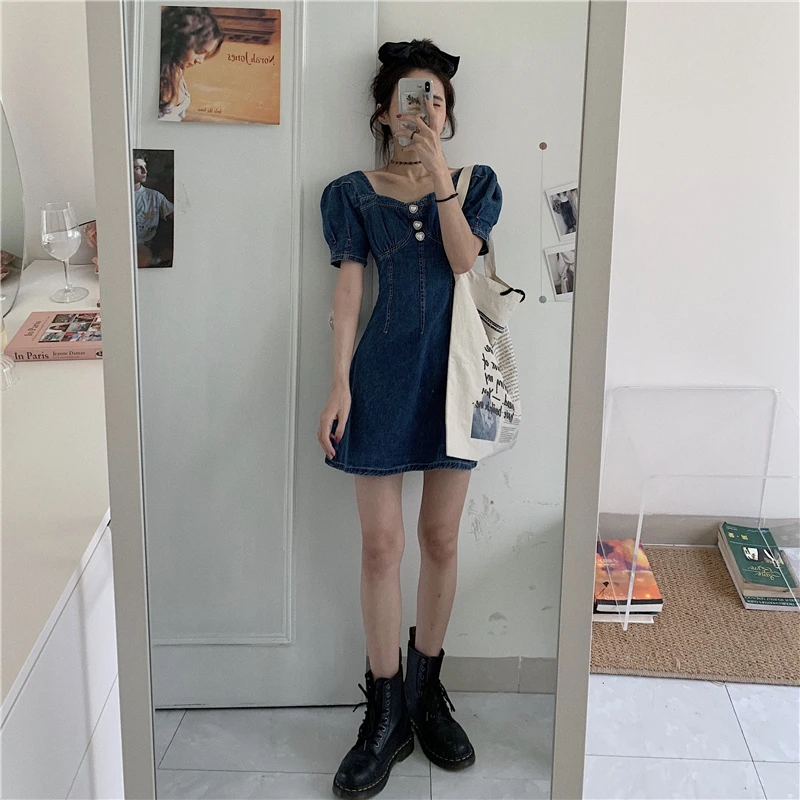 

Square Collar Denim Dress 2021 Spring Summer Korean New Style Hong Kong Style Retro Slim Slimming Bubble Sleeve Fashion Dress