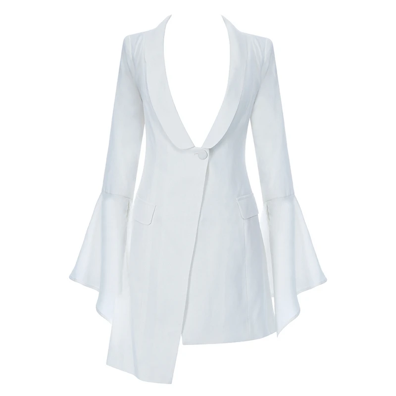 

INDRESSME 2019 New Women Party Button Fashion Vestidos Sexy Deep V Long Flare Sleeve Slim Asymmetrical Hem Mini White Dress