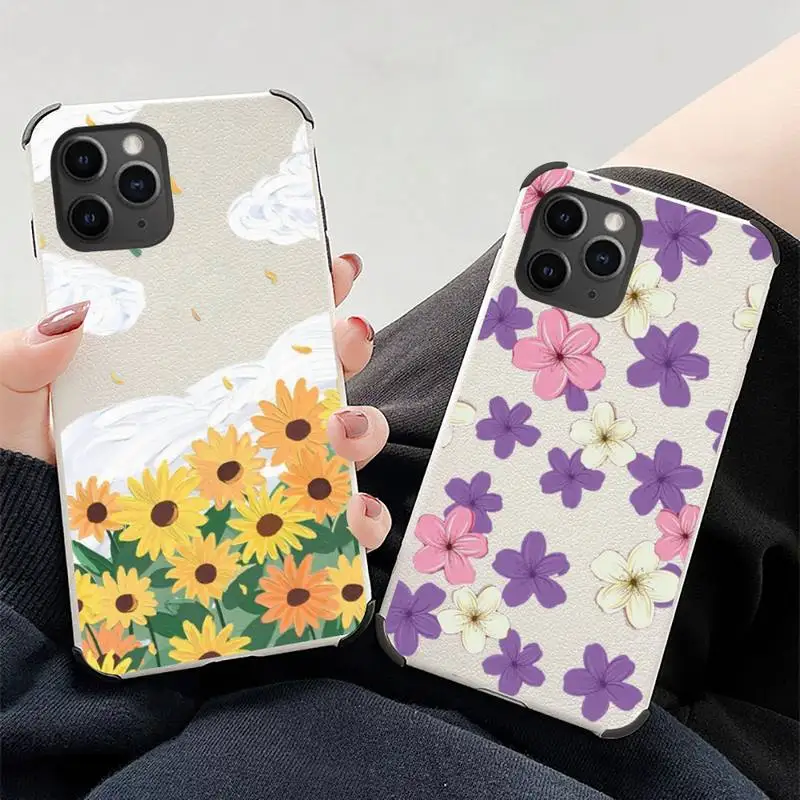 

Flower art strawberry Phone Case Lambskin Leather For iphone 12 11 8 7 6 XR X XS PLUS MINI PLUS PRO MAX Shockproof