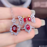 fine jewelry 925 pure silver inset with natural gemstone womens popular noble fresh ruby pendant ring earring set support detec