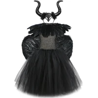 black feather halloween costumes for girls kids evil queen long tutu dress with horns wings villian witch cosplay outfit set