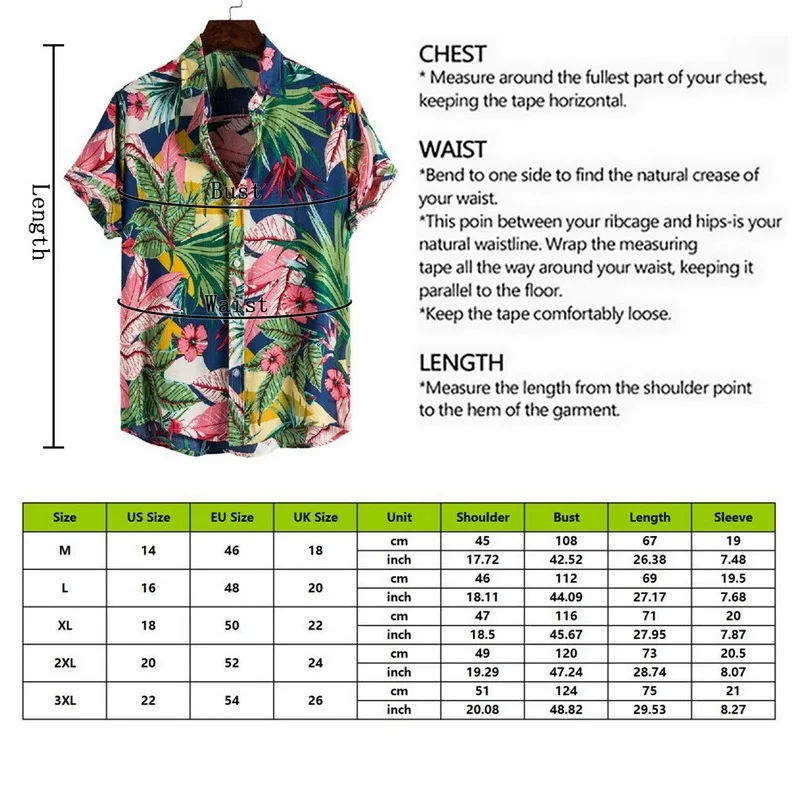 

SHUJIN Men Short Sleeve Lapel Printed Shirt Tropical Leaf Pattern Floral Shirt Casual Summer Hawaiian Holiday Camisa Beach Tops