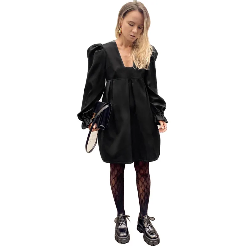 

2020 Winter New Dress Solid Color V-neck Puff Sleeve A-line Ladies Dress High Waist Casual Elegant Puff Skirt Short Dresses