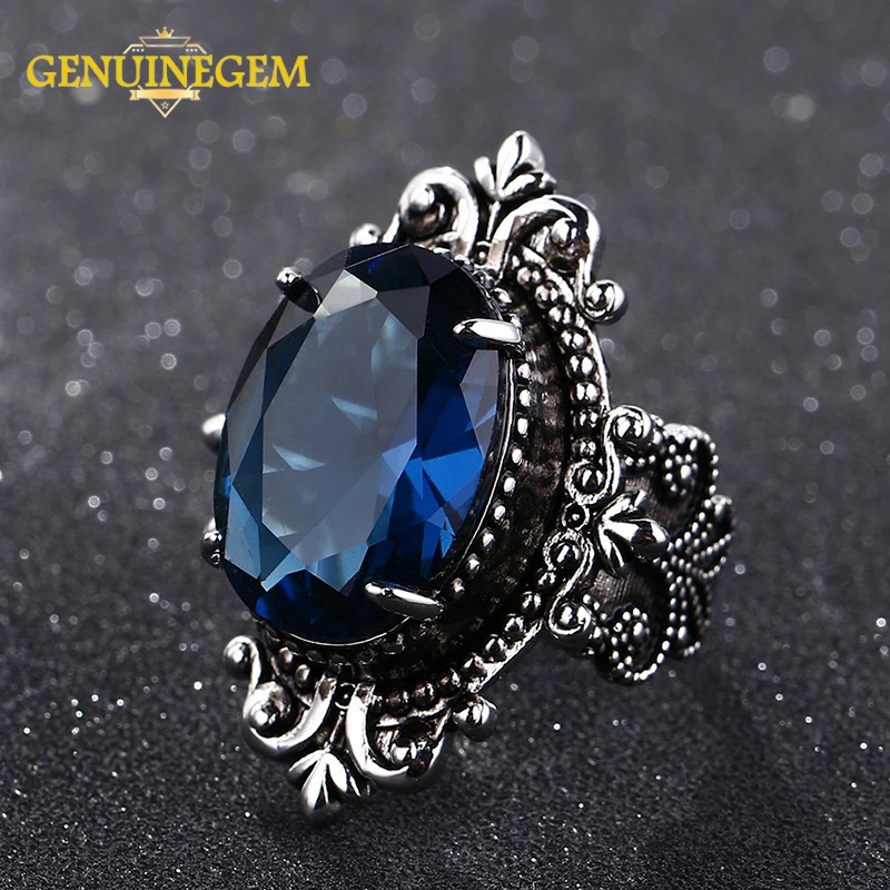 

Jewepisode Luxury Big Peacock Blue Sapphire Rings for Women Men Vintage Real Silver 925 Jewelry Ring Anniversary Party Gifts