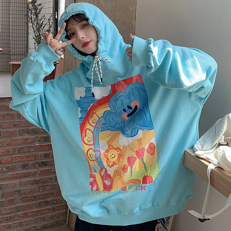 

Cartoon Printed Oversized Graphic Hoodies Womens Harajuku Casual Fashion Pullover Kawaii Thick Sweatshirts Female