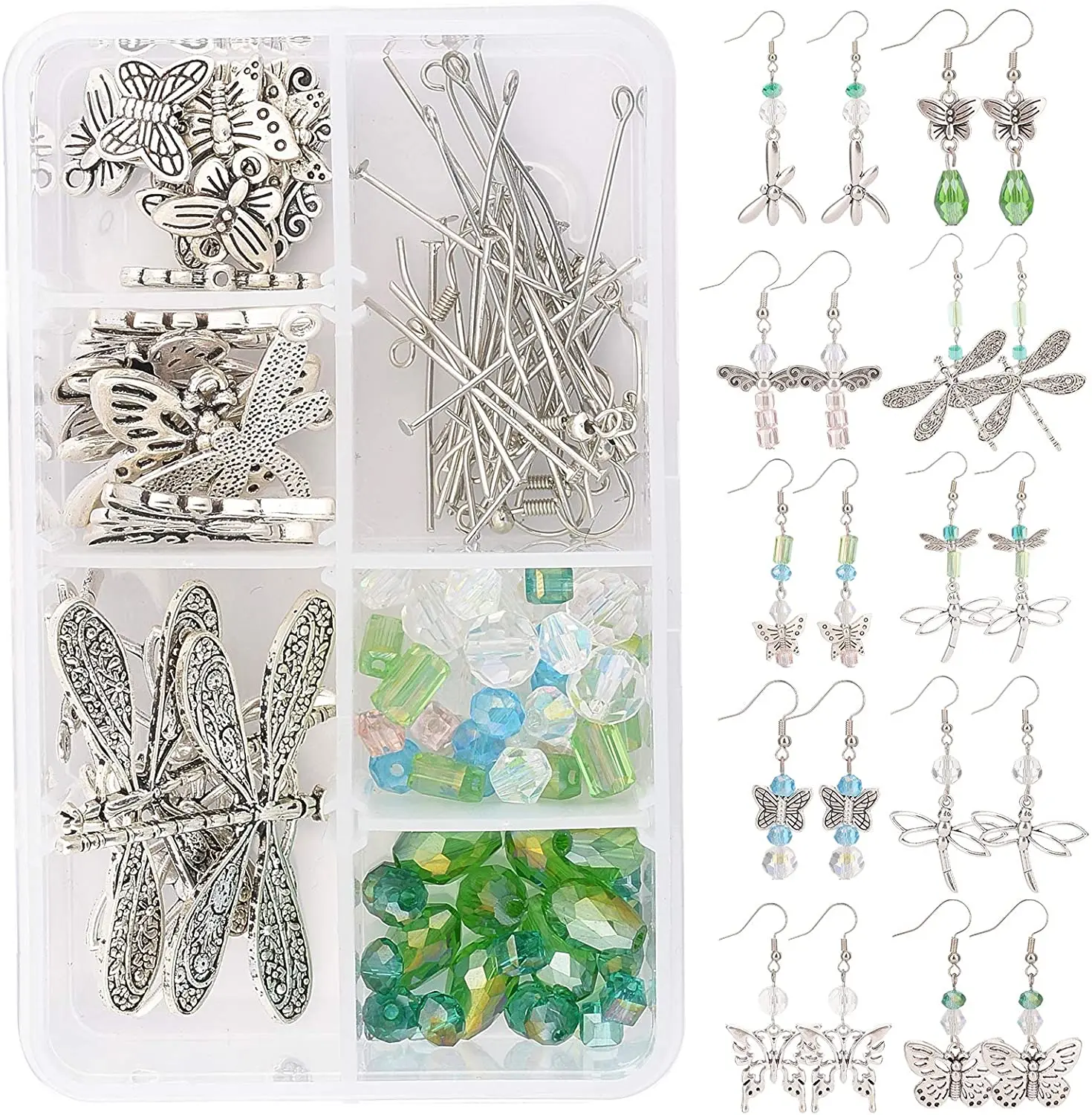 

10 Pairs Butterfly Dragonfly Earring Making Kits Butterfly Charms Dragonfly Alloy Pendants & Glass Beads & Earring Hooks