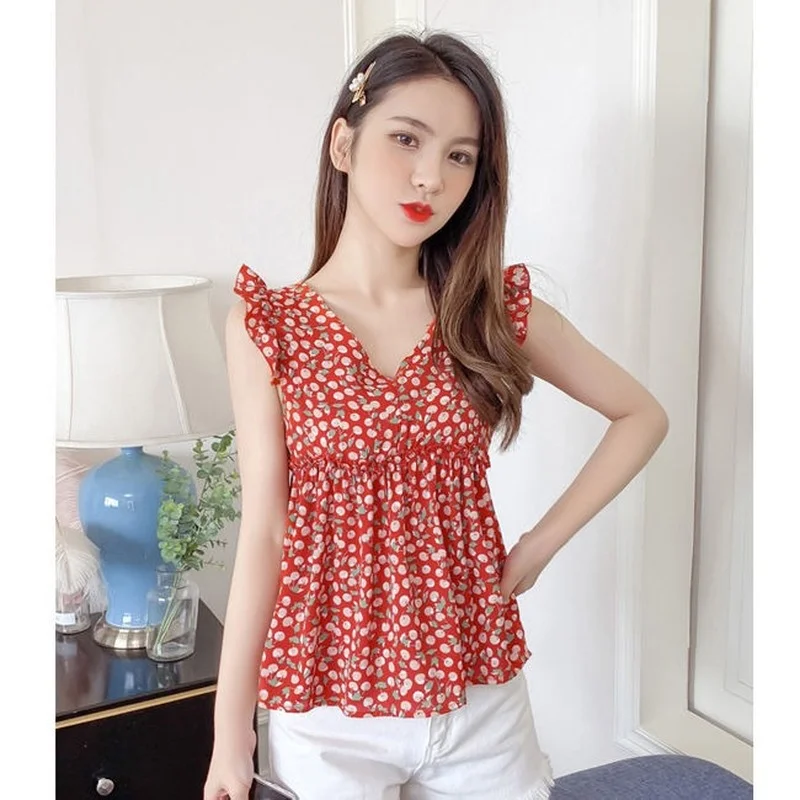 

Women's Clothes Summer Blouses 2021 Sleeveless Floral Print Chiffon Shirt Office Lady Women Tops and Blouse Blusas Mujer Y860