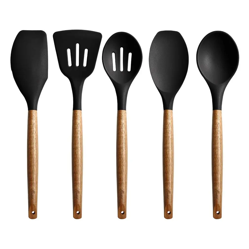 Набор кухонной утвари из антипригарного силикона с ручкой твердого дерева