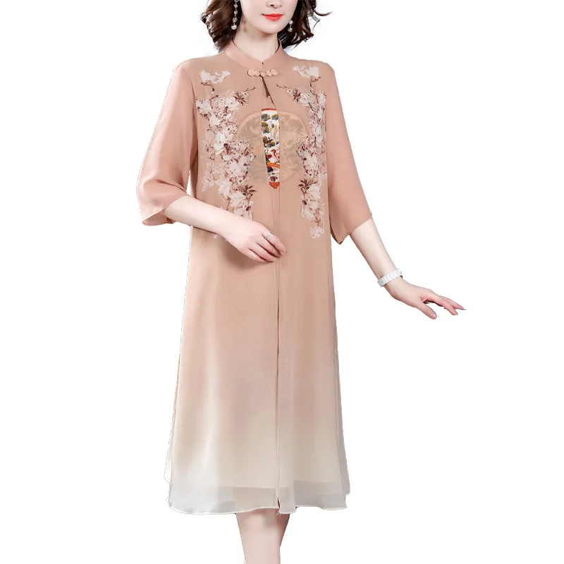 

Summer New Women's Fashionable Cheongsam Mid-Sleeve Dress Chiffon Overknee Skirt Mom Dress