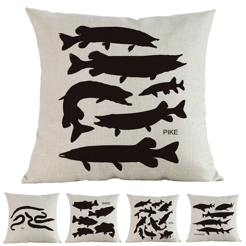 

Black Silhouette Style Morphological Of Fish Koi Bass Pike Pattern Linen Throw Pillow Case Home Sofa Decorative Cushion Cover