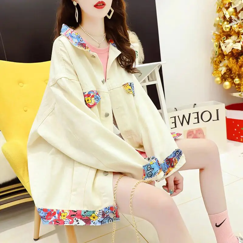 Женская джинсовая куртка Весенняя Повседневная с отложным воротником и длинным