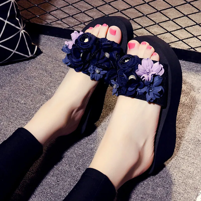 XMISTUO Women Sandals with Flower Female Summer Beach Wedges Slides Water-Resistant 7CM High-Heeled Slippers 2 Color 7180W