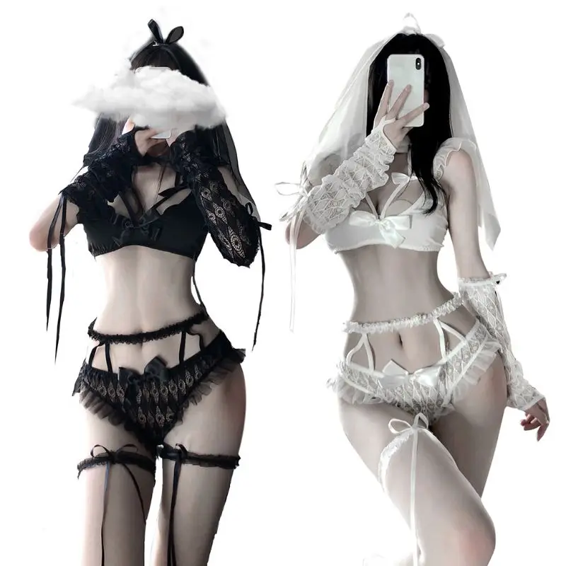 

Женское Эротическое свадебное нижнее белье, нижнее белье с бантом, бюстгальтер, трусики, нижнее белье, сетчатая вуаль, Лолита, костюм для кос...