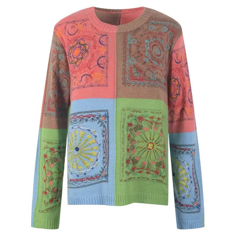 

Женский пуловер с цветочной вышивкой, свободный трикотажный джемпер с круглым вырезом и длинным рукавом, свитер в стиле ретро, подиумный Ро...