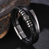 multi layer leather stainless steel metal luxury mens leather bracelet accessories friend gift