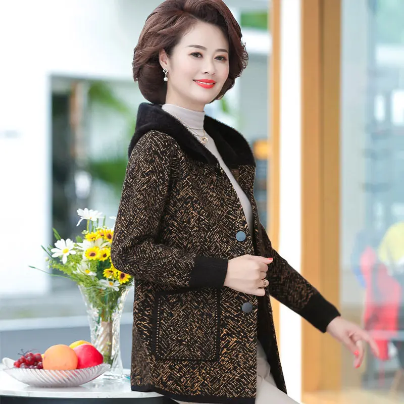 

Mother's Knitted Jacket Spring and Autumn Hooded Cardigan Short Middle-aged Autumn Women's Fashion Long-sleeved Sweater Top y001