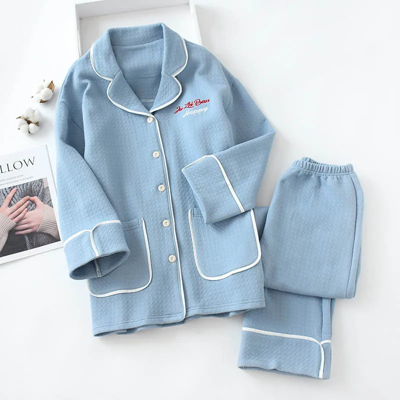 Blue Комплект хлопковых пижам, женская одежда для сна, теплая зимняя Домашняя одежда из 2 предметов, с надписями, с вышивкой, с длинными рукавами и штаны Пижама Костюм - Цвет: Blue