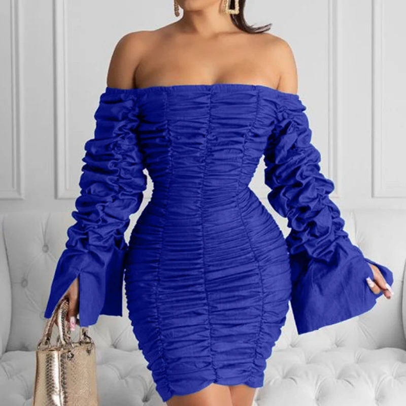 

Ruched Design Off Shoulder Long Sleeve Dress Women Solid Blue Sexy Bodycon Party Dresses Mini Vestidos Plus Size 2019