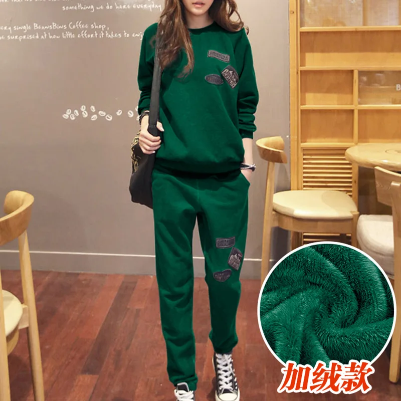 Green Winter S-6XL, женская спортивная одежда, спортивные костюмы, весна, осень, зима, повседневные, плюс бархат, Толстая Толстовка+ штаны, комплекты для женщин размера плюс - Цвет: Green Winter