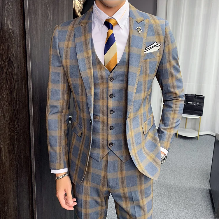 

Men's Spring Suit 3 Pcs / 2 Pcs Khaki Gray Plaid Dress Formal Men's Suit Classic Men's Wedding Dress Slim Dress Formal Costume