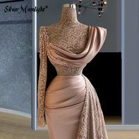 arabic one shoulder pink muslim evening dresses one shoulder dubai women lace wedding party gowns elegant plus size prom gowns