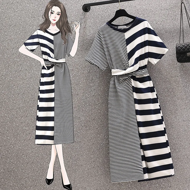 

Striped Short Sleeved Midi Plus Size 5Xl Large Vintage Casual Spring Summer Clothes Dress For Women'S 2021 Sukienka Sundress