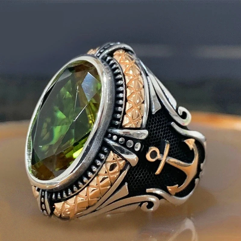 European Punk Style Pirate Anchor Pattern Men's Ring with Green Crystal Banquet Ring