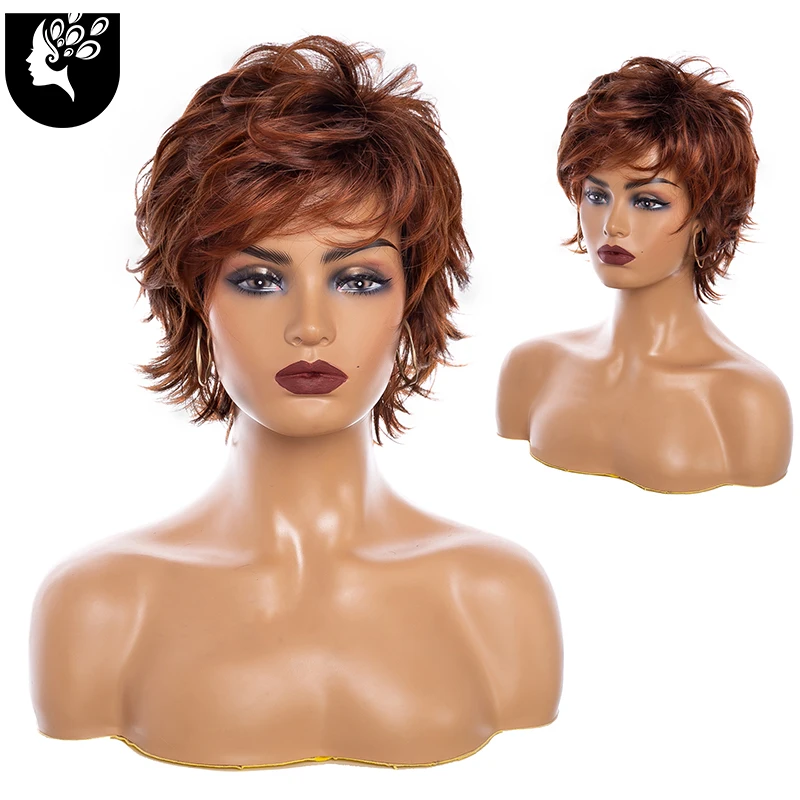 Ombre Brown Synthetic Wigs with Bangs for White Women Short Red Wave Cosplay Hair Wig Heat Resistant Fibre Daily Use Yourbeauty