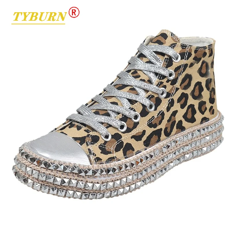 

2021 New Casual Shoes Women Lace-Up High-Top Shoes Female Sneakers Leopard Hemp Rope Women's Sneakers Thick Bottom Canvas Shoes
