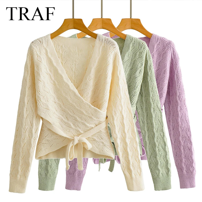 

TRAF ZA Women's Pullovers Spring and Autumn Vintage Fashion With Belt Sweaters Knitted Cropped Knit Tops Chic Knitwear Sweaters