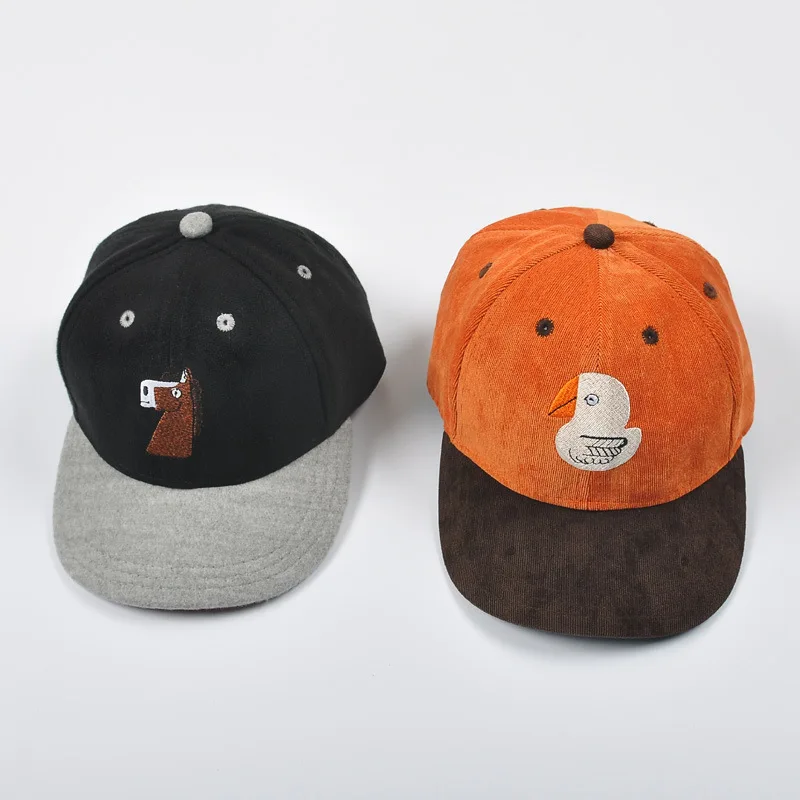 Children Cartoon Embroidery Baseball Caps Baby Boys Cute Hats 1-5 Years Little Girls Fashion Corduroy Hat Autumn | Детская одежда и