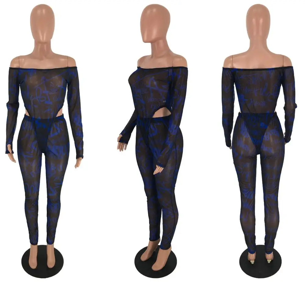 

Sheer Mesh Two Piece Set Summer Matching Sets for Women Long Sleeve Bodysuit Pants Set Conjuntos Mujer Verano Sexy Club Outfits