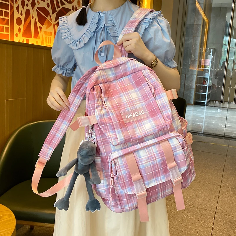 

SEETIC Anti-Theft Student Plaid Backpack High Capacity Backpack Female Multi-Pocket Travel Bag Multifunction Ladies Shoulder Bag