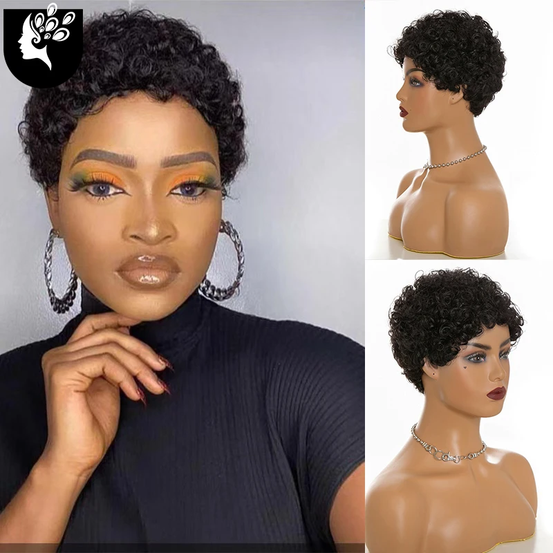 

Pixie Cut Kinky Curly Synthetic Wigs Short Brown Blonde Red Wig with Bangs For Black Women 130% Density Hair Wigs Yourbeauty