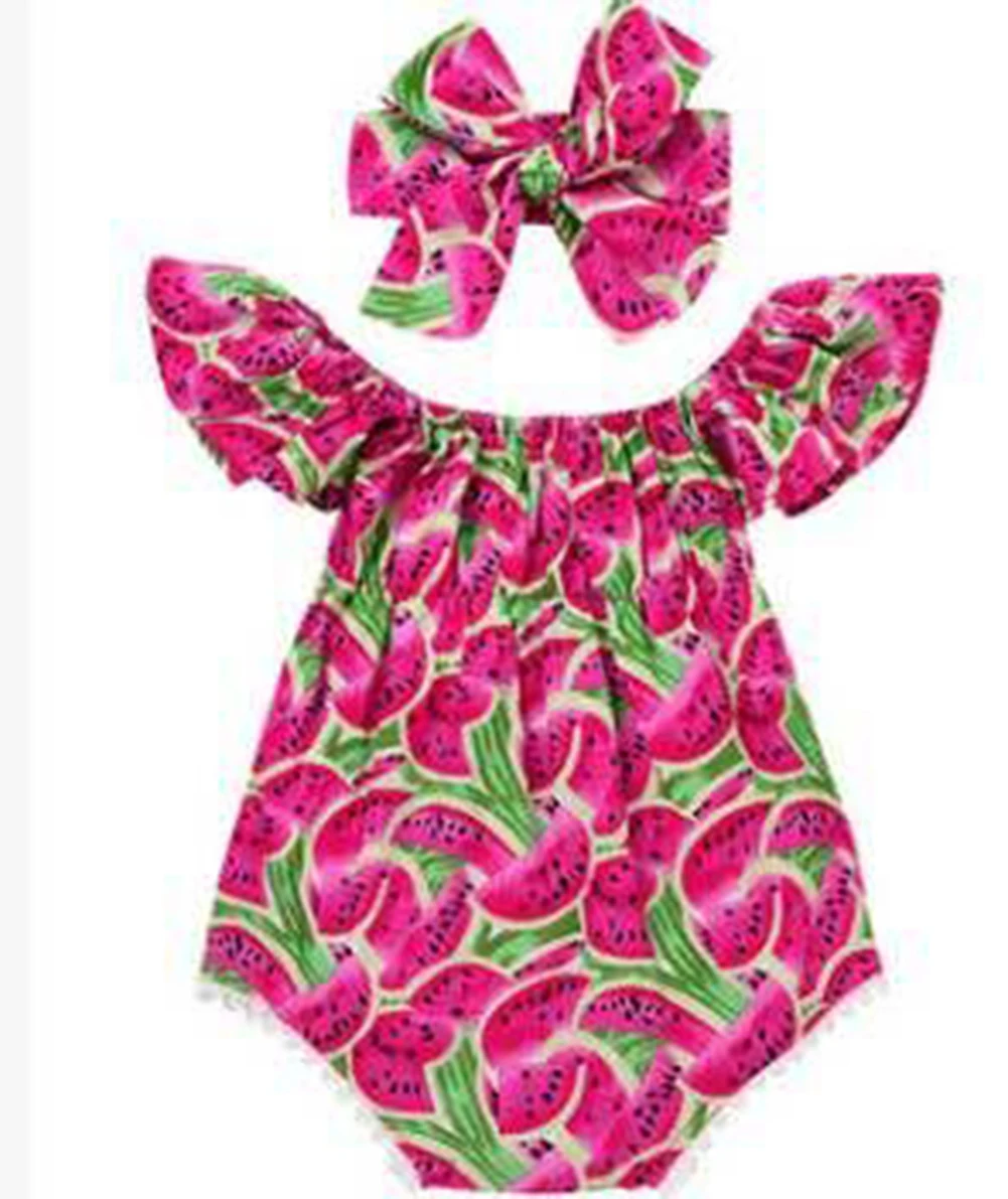 Toddler Infant Baby Girls Ropmers Cute Watermelon Ruffles Short Sleeve Bodysuit+Headband 2pcs Outfits Sets Lovely Summer Outfits