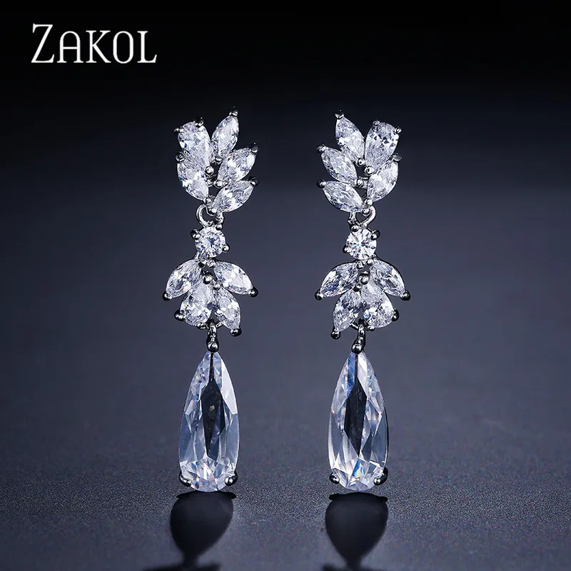 White Color ZAKOL белый цвет в форме цветка Циркон капли воды Кристалл кулон Висячие серьги для женщин Свадебные украшения FSEP50L - Окраска металла: White Color