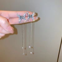 trendy korean sweet shining crystal butterfly tassel drop earrings for women girls fashion crystal pendant earring jewelry gift