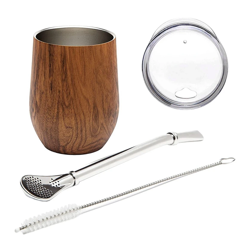 Yerba Mate Gourd Tea Cup Set 12Oz,Double-Wall Stainless Coffee Water Cup with Lid 1 Bombillas Straws Filter Spoon&Brush