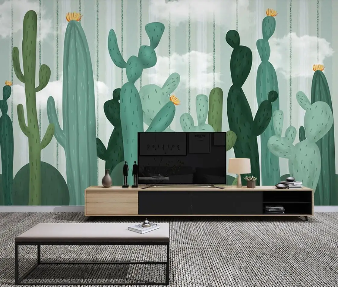 European Tropical Wallpaper Hand Painted Mural Creative 3D Wall Paper Rainforest Leaf Murals Contact Cactus Plant Papers | Обустройство